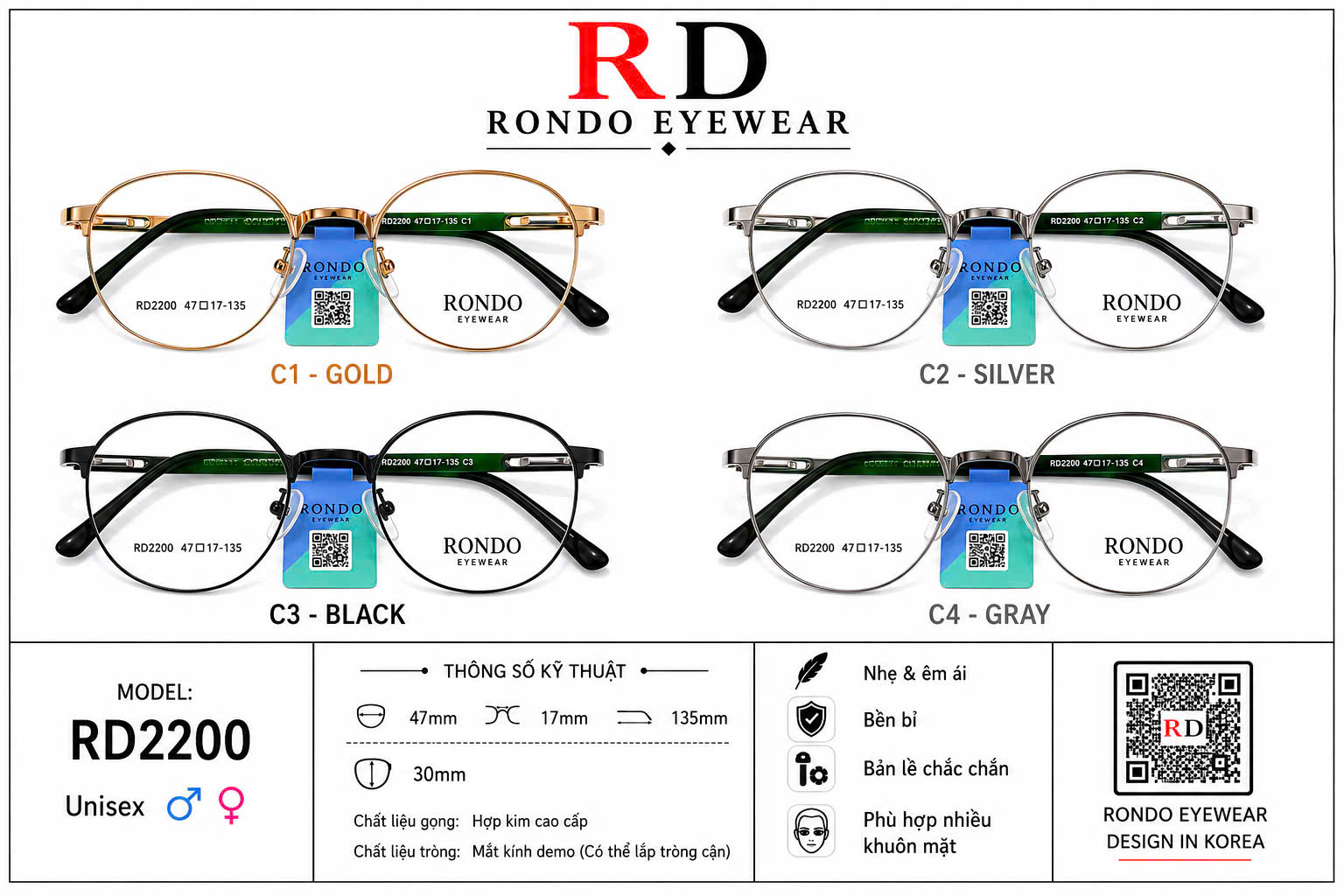 Gọng kính cận thời trang RONDO EYEWEAR ms RD2200