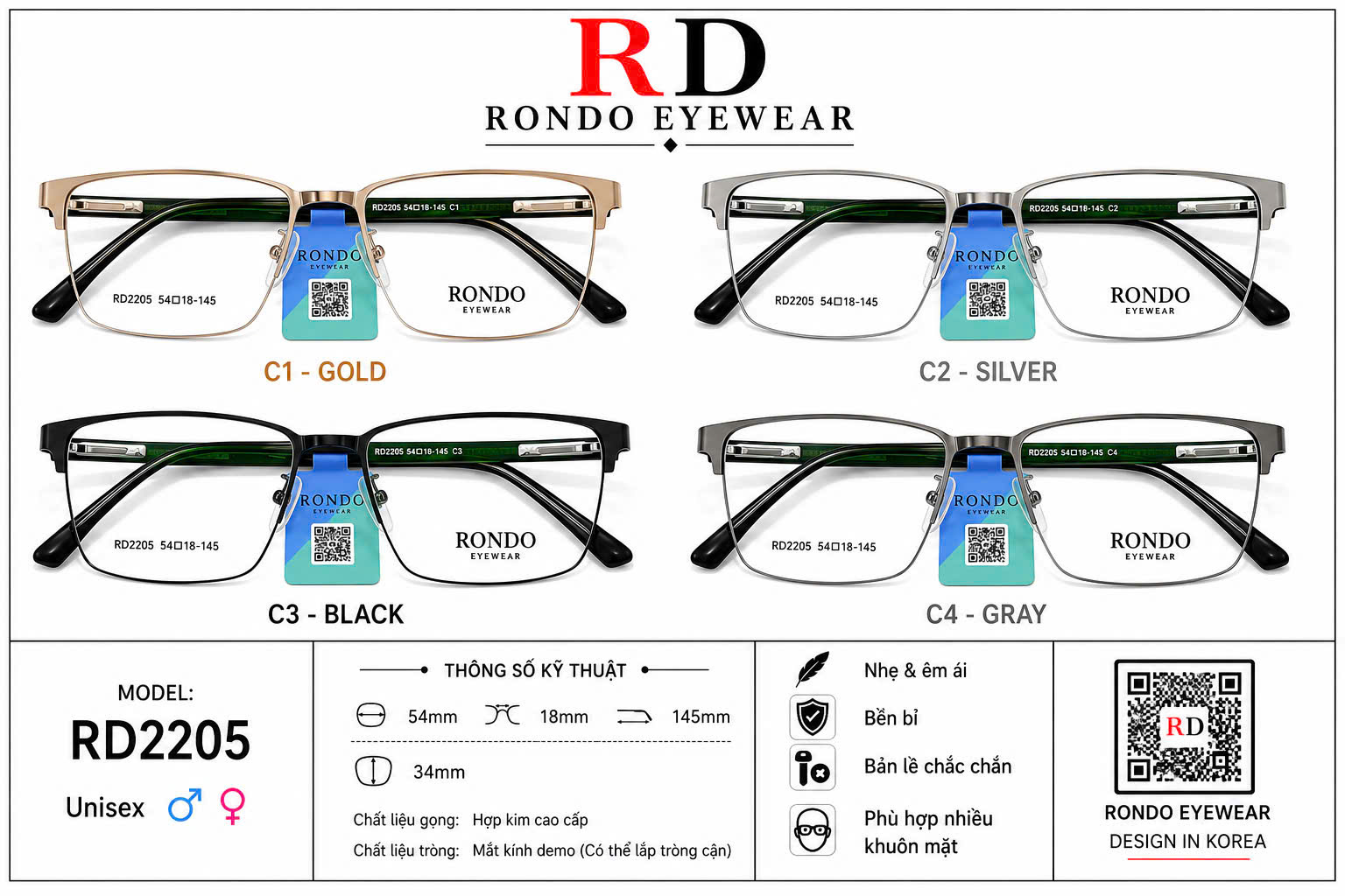 Gọng kính cận thời trang RONDO EYEWEAR ms RD2205