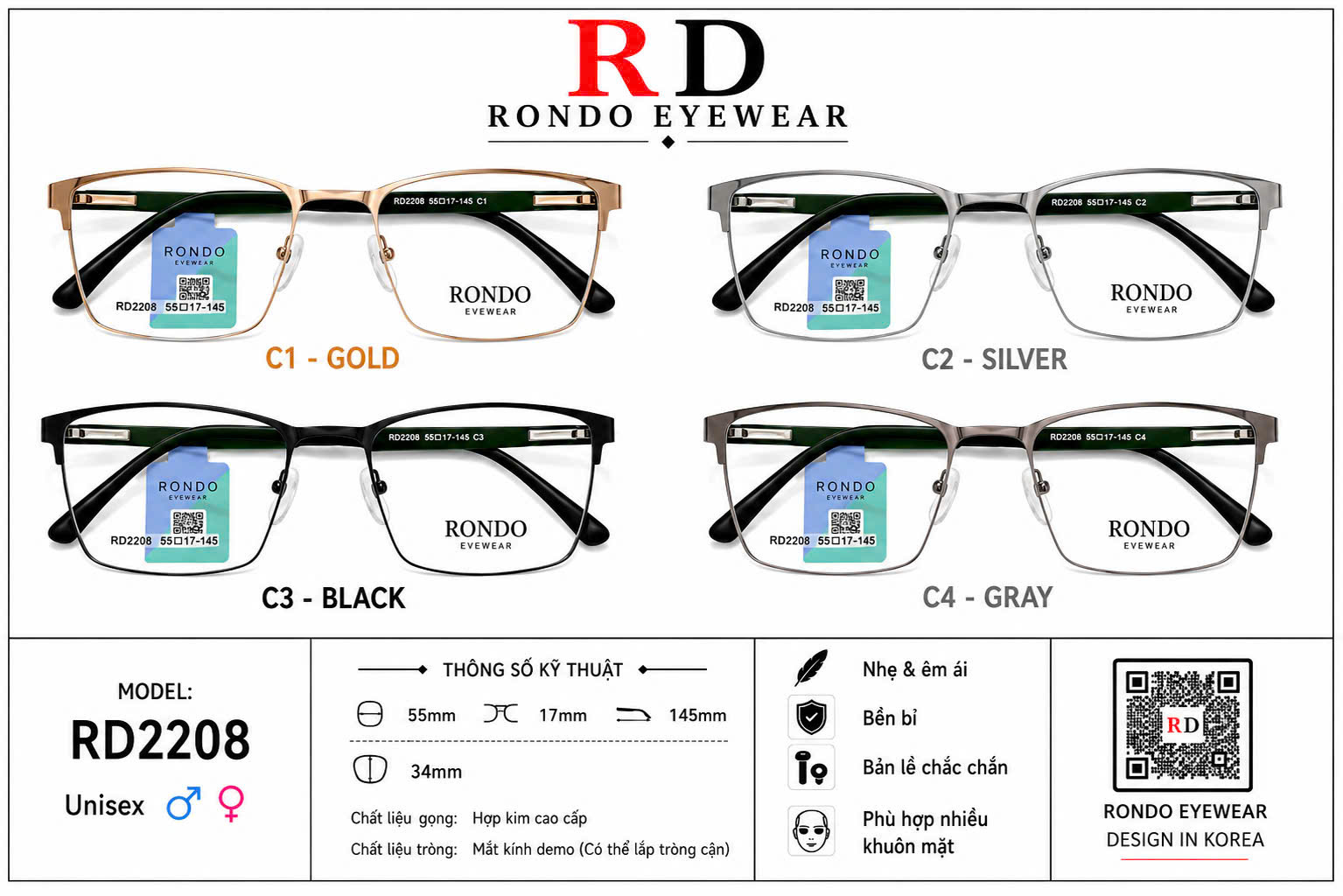 Gọng kính cận thời trang RONDO EYEWEAR ms RD2208