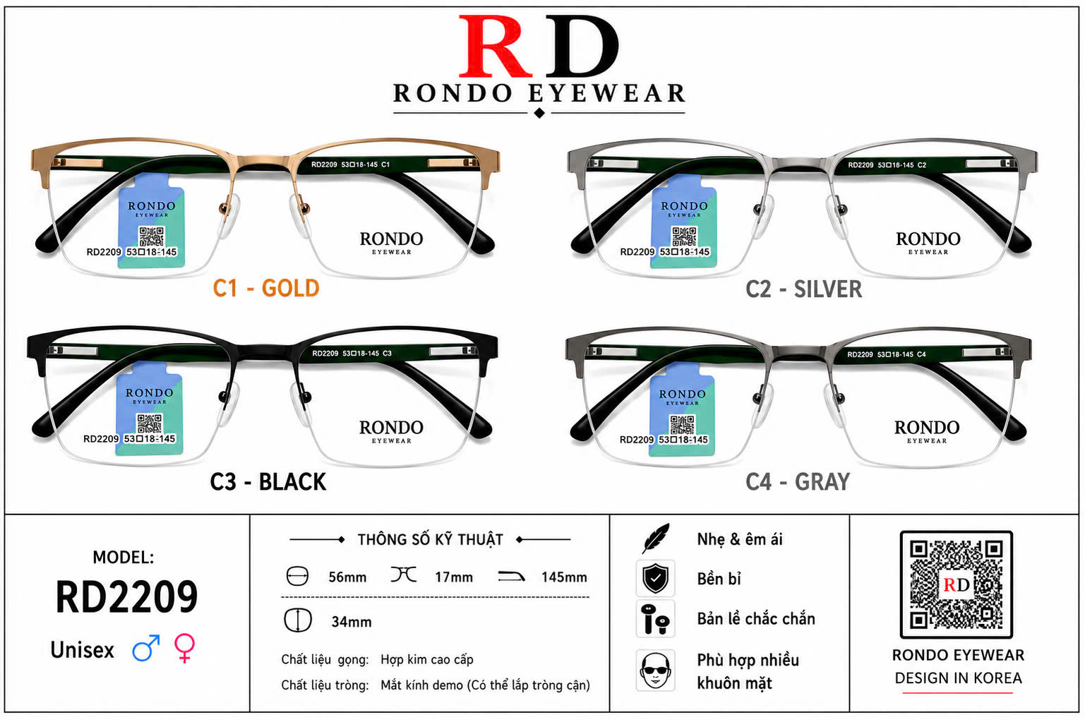 Gọng kính cận thời trang RONDO EYEWEAR ms RD2209