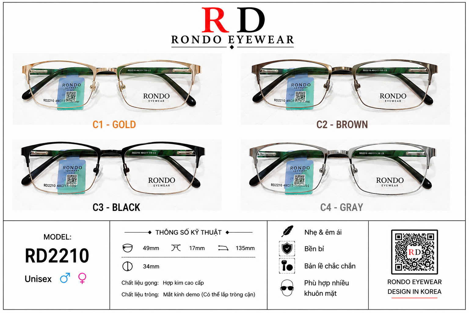 Gọng kính cận thời trang RONDO EYEWEAR ms RD2210