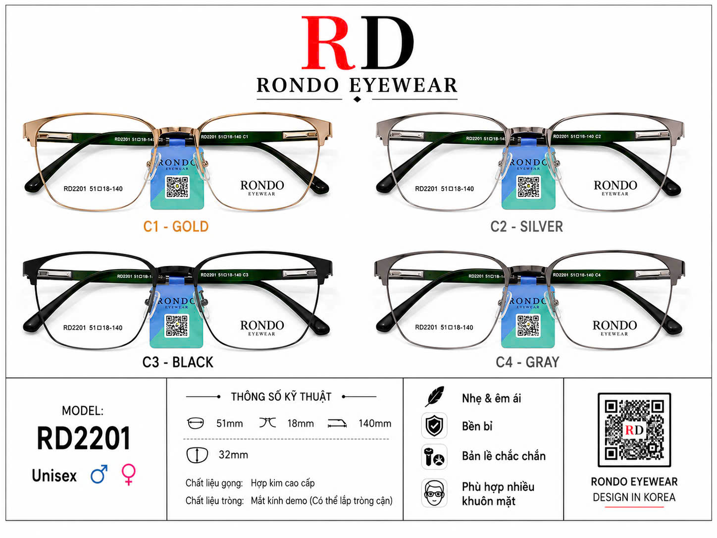 Gọng kính cận thời trang RONDO EYEWEAR ms RD2201