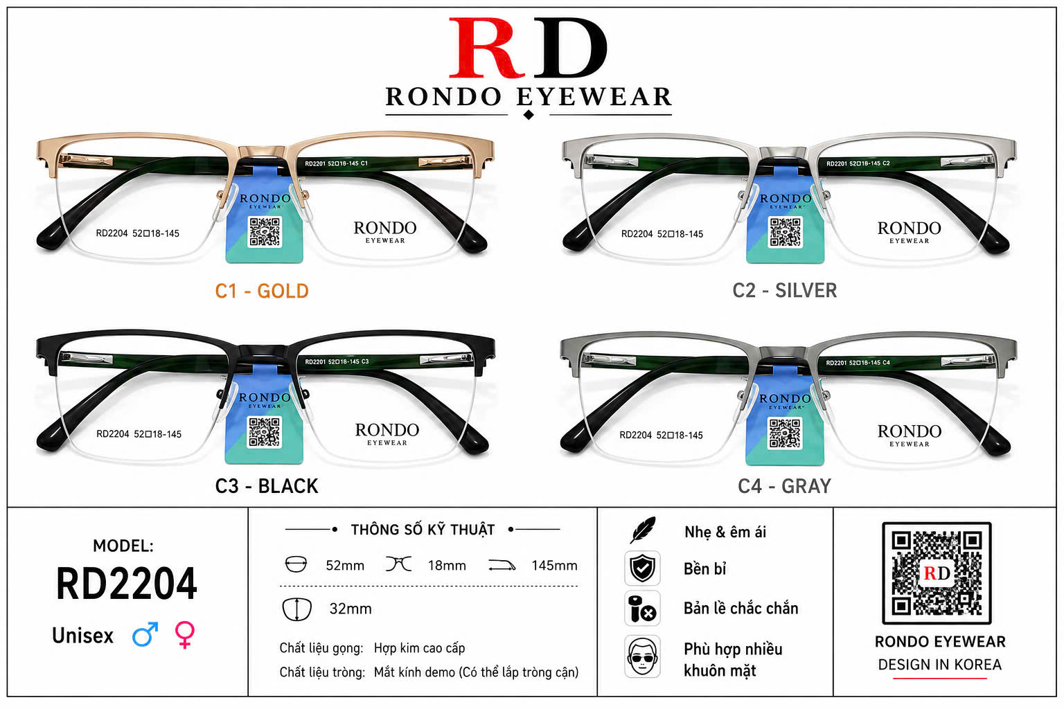 Gọng kính cận thời trang RONDO EYEWEAR ms RD2204