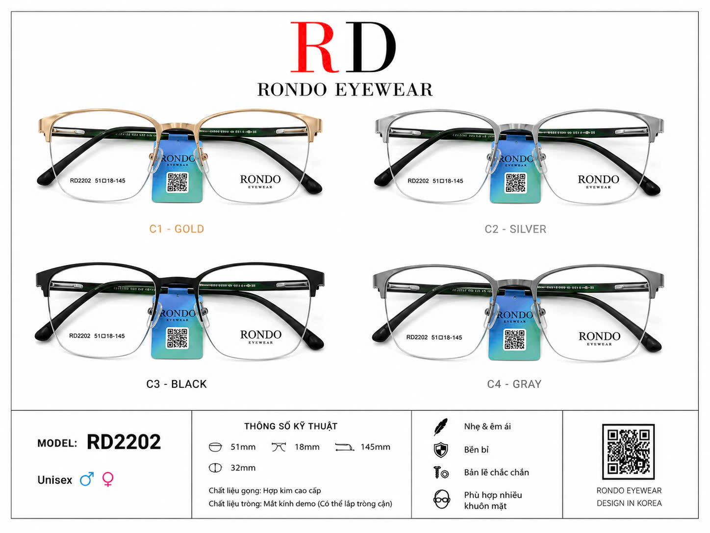 Gọng kính cận thời trang RONDO EYEWEAR ms RD2202