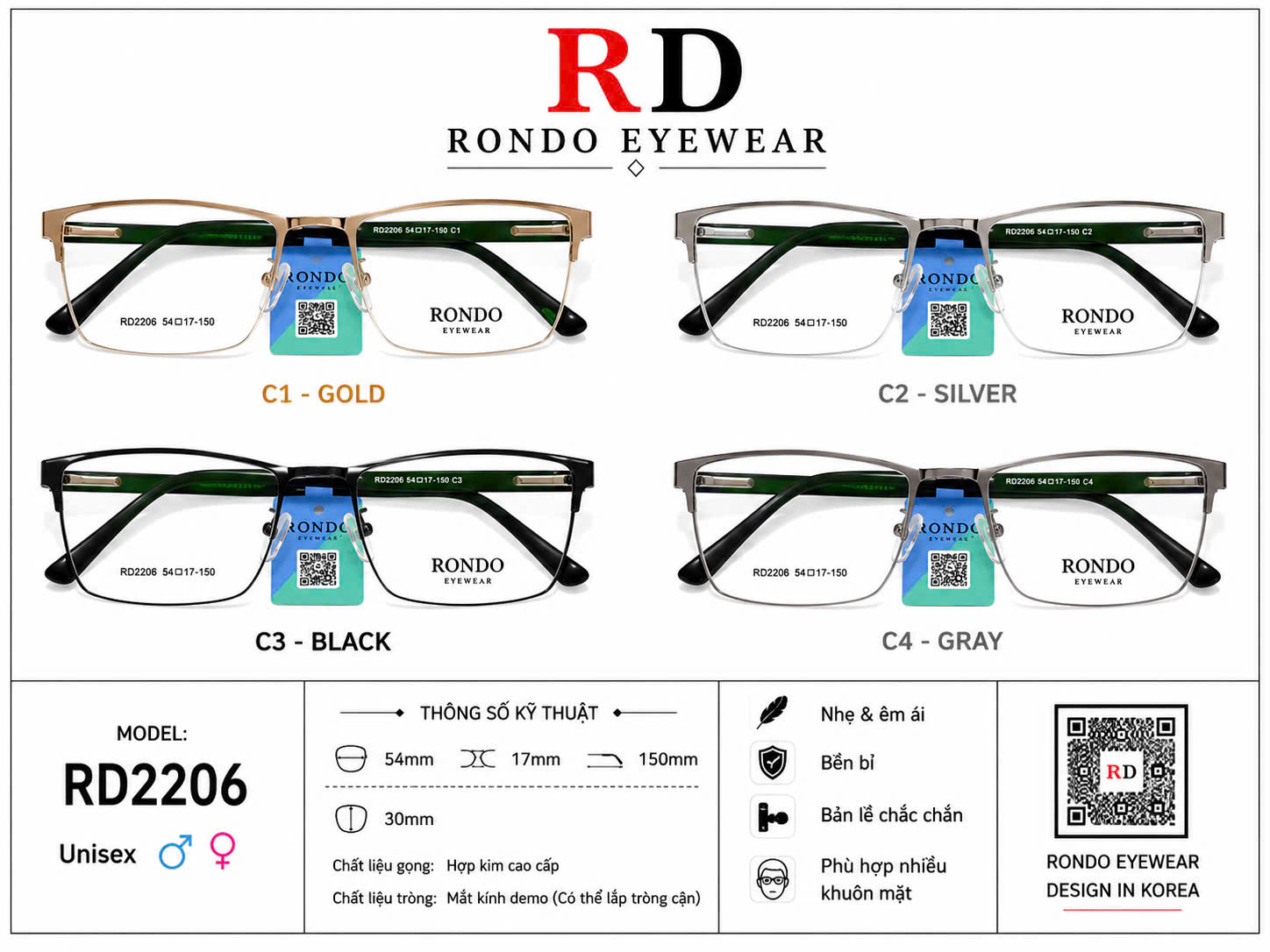 Gọng kính cận thời trang RONDO EYEWEAR ms RD2206